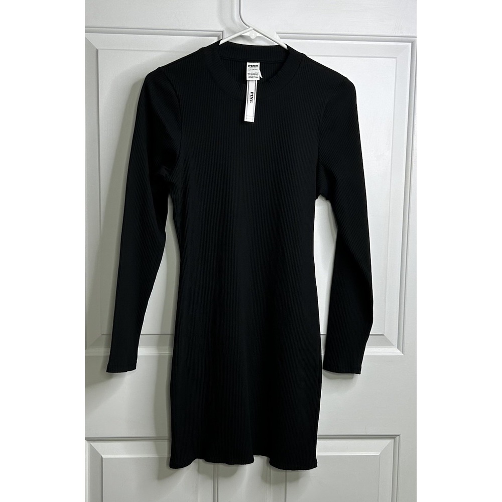 PINK Victoria's Secret Mock Neck Dress Womens Large Black Long Sleeve Ribbed